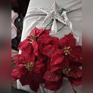 Red Poinsettia Clip Ons with Silver Star Tree Topper